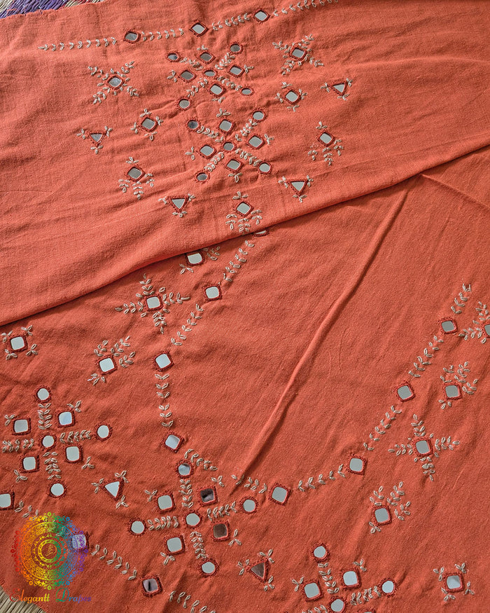Orange Kala Cotton Kutch Mirror Handwork blouse piece featuring traditional thread embroidery and real mirror embellishments, designed for customised ethnic blouse stitching.