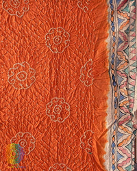 Orange Bandhani Madhubani Muga Silk Dupatta for festive and traditional wear