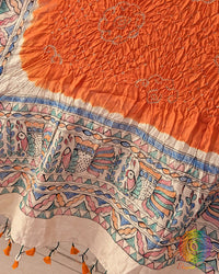 Detailed Bandhani pattern on the Orange Muga Silk Dupatta