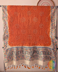 Orange Muga Silk Dupatta with Bandhani body and hand-painted Madhubani border