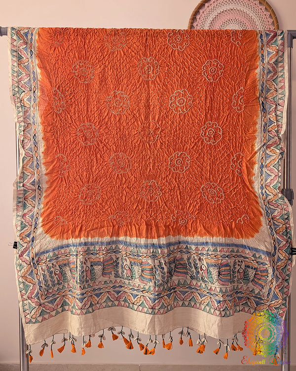 Orange Muga Silk Dupatta with Bandhani body and hand-painted Madhubani border