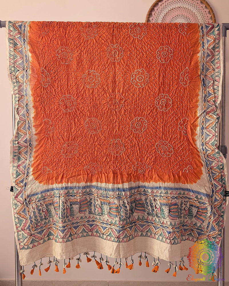 Orange Muga Silk Dupatta with Bandhani body and hand-painted Madhubani border