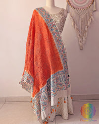 Orange Bandhani Madhubani Muga Silk Dupatta full draped view