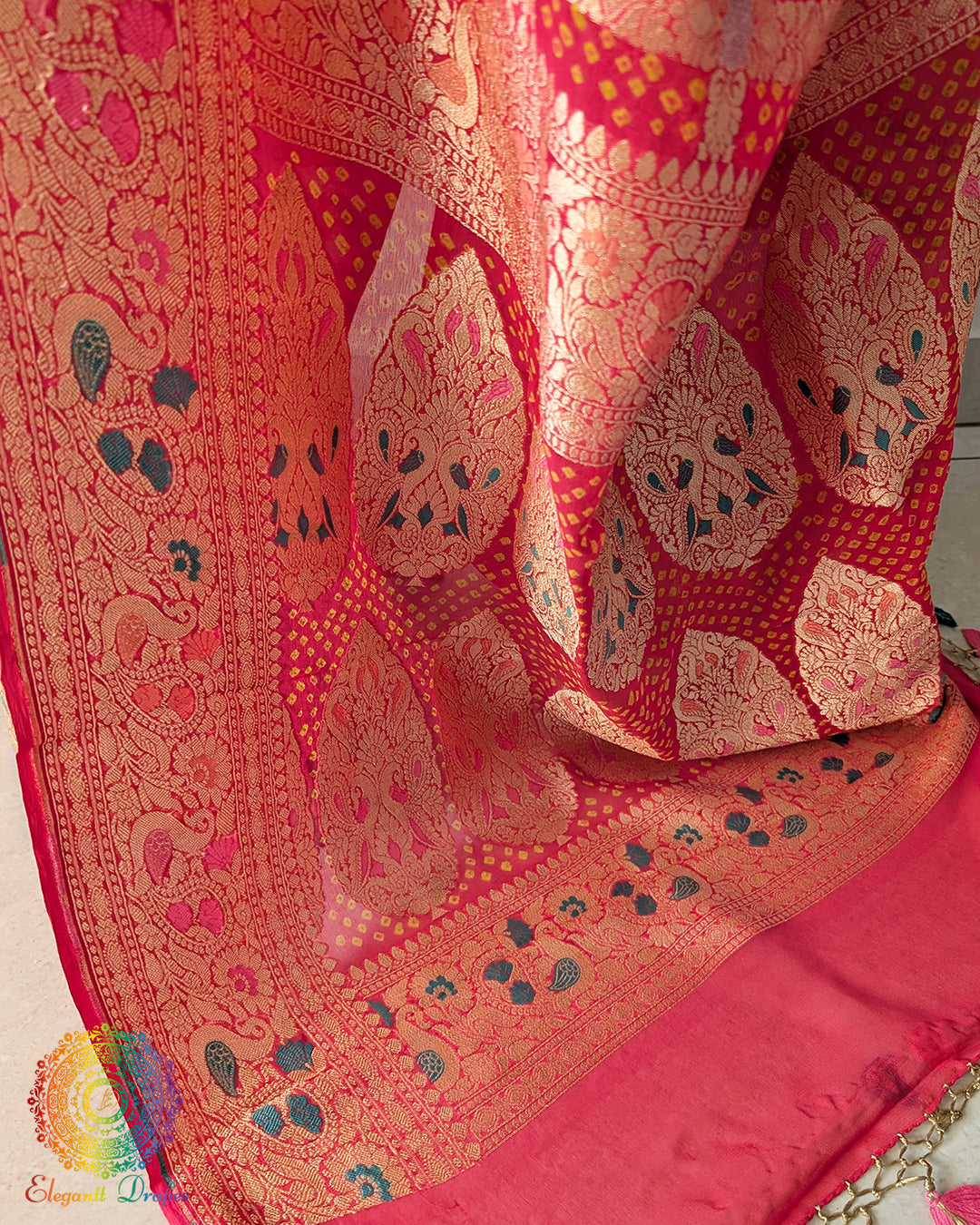 Detailed view of woven meenakari detailing on Banarasi bandhani saree