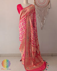 Orange peach Banarasi khaddi georgette bandhani saree on mannequin showing full drape