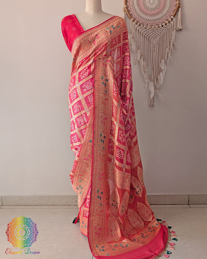 Orange peach Banarasi khaddi georgette bandhani saree on mannequin showing full drape
