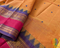 Close up of border on orange Kanchi cotton saree highlighting weave detail