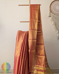 Orange Bengal tissue linen saree close up