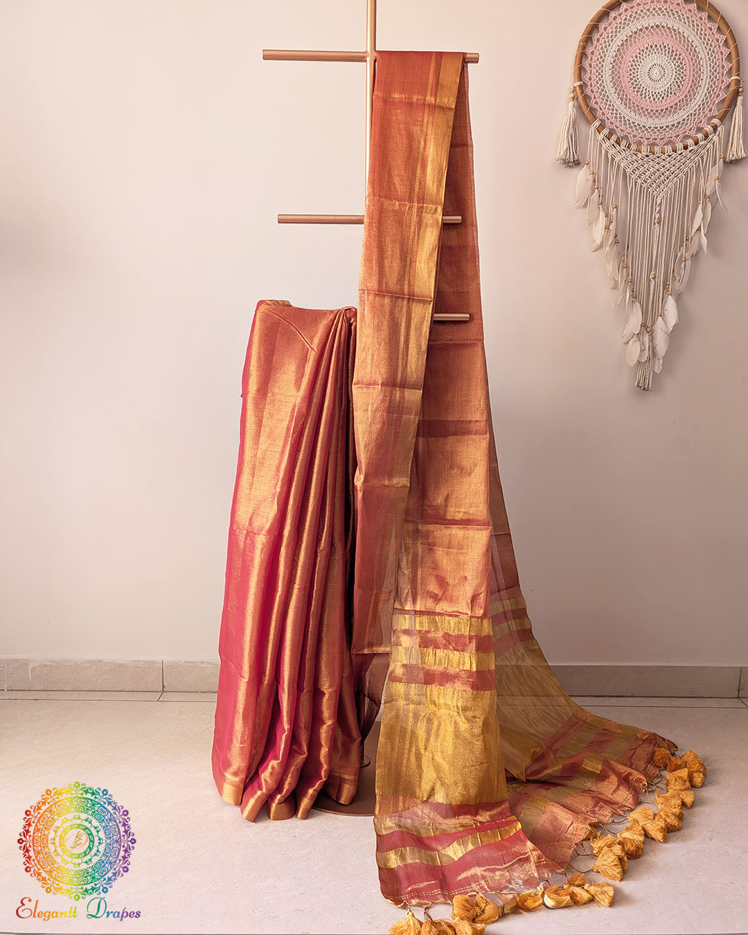 Orange Bengal tissue linen saree drape view
