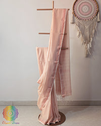 Pale peach Bengal cotton saree with zari border on mannequin showing full drape