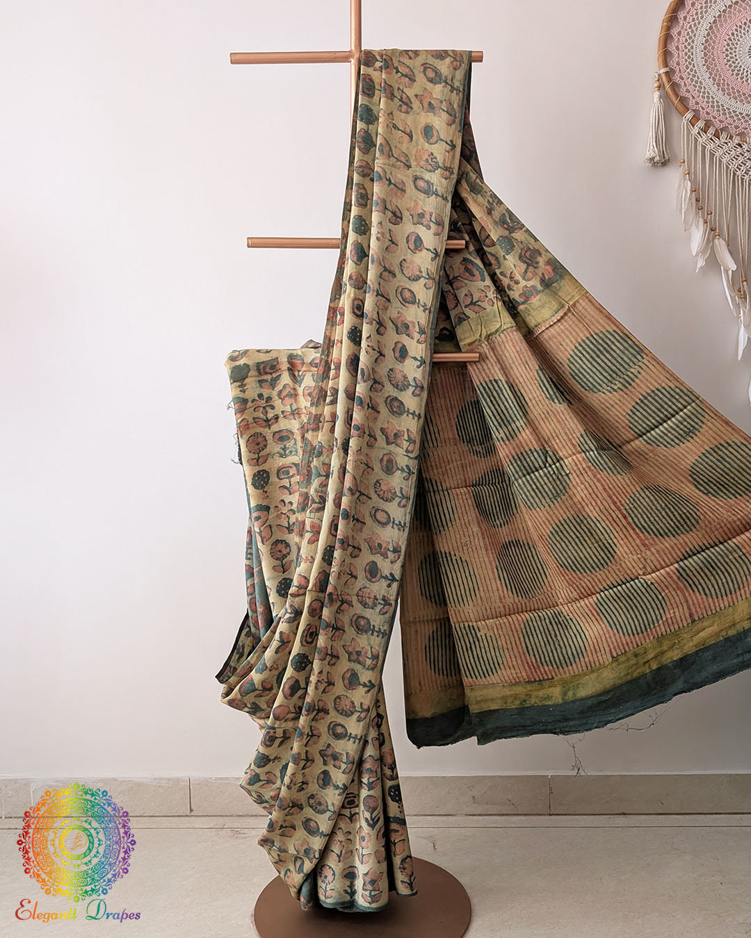 Open pallu view of Pale Yellow Nashpal Pomegranate Modal Tussar Saree