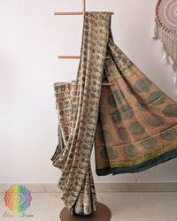 Open pallu view of Pale Yellow Nashpal Pomegranate Modal Tussar Saree