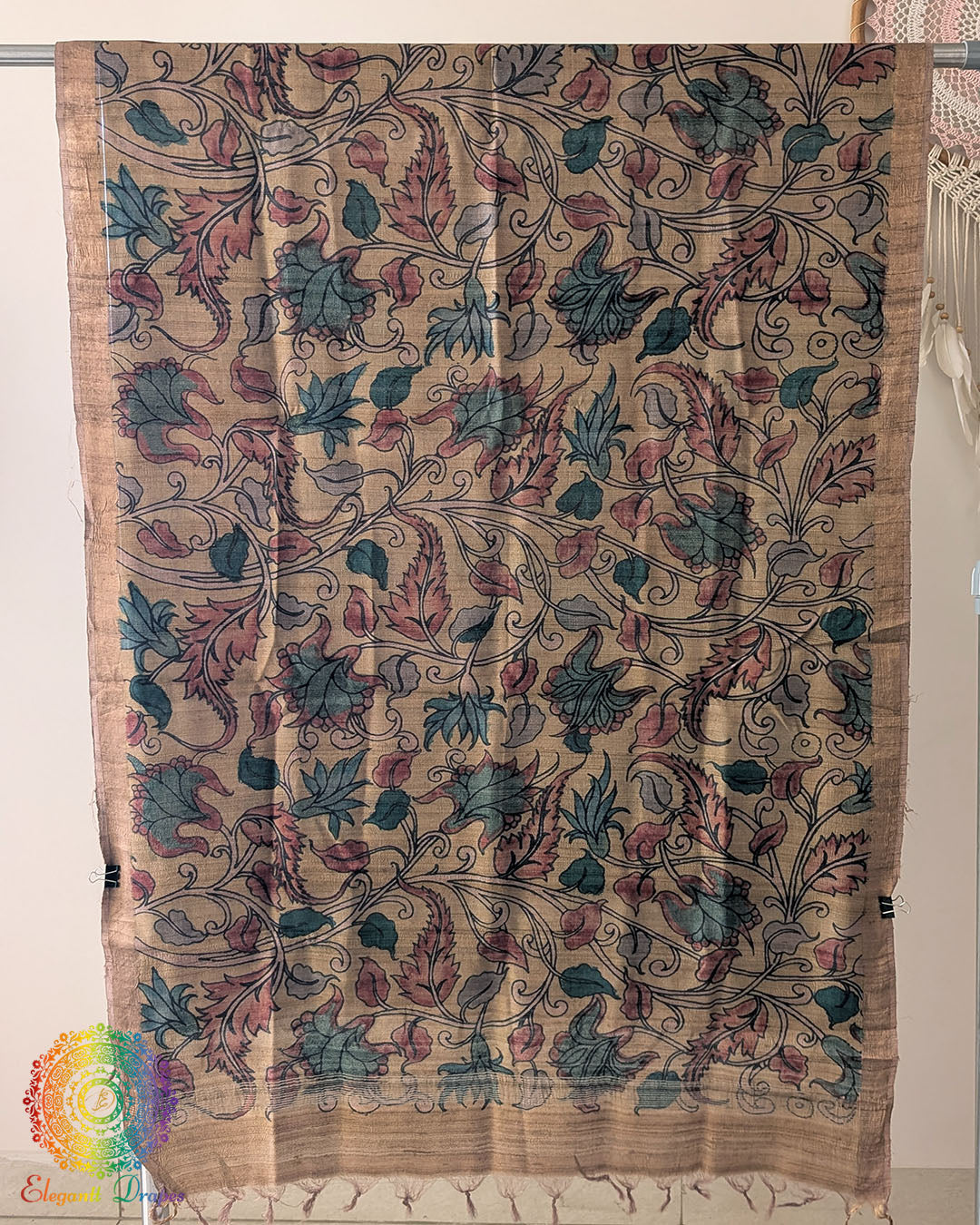 Pale Yellow Hand-Painted Kalamkari Pure Tussar Silk Dupatta showcasing traditional artisan painting and natural silk texture