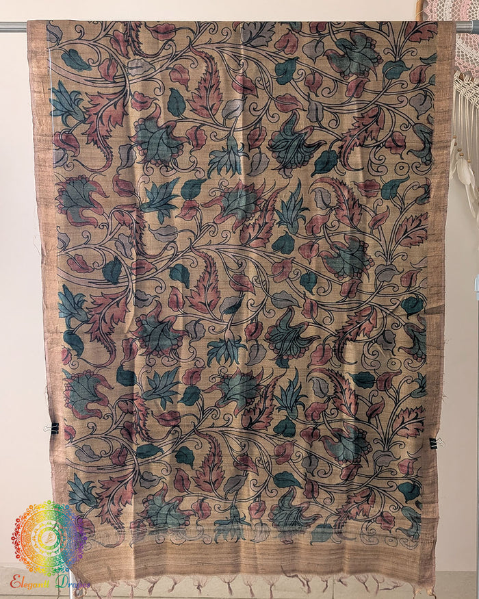 Pale Yellow Hand-Painted Kalamkari Pure Tussar Silk Dupatta showcasing traditional artisan painting and natural silk texture