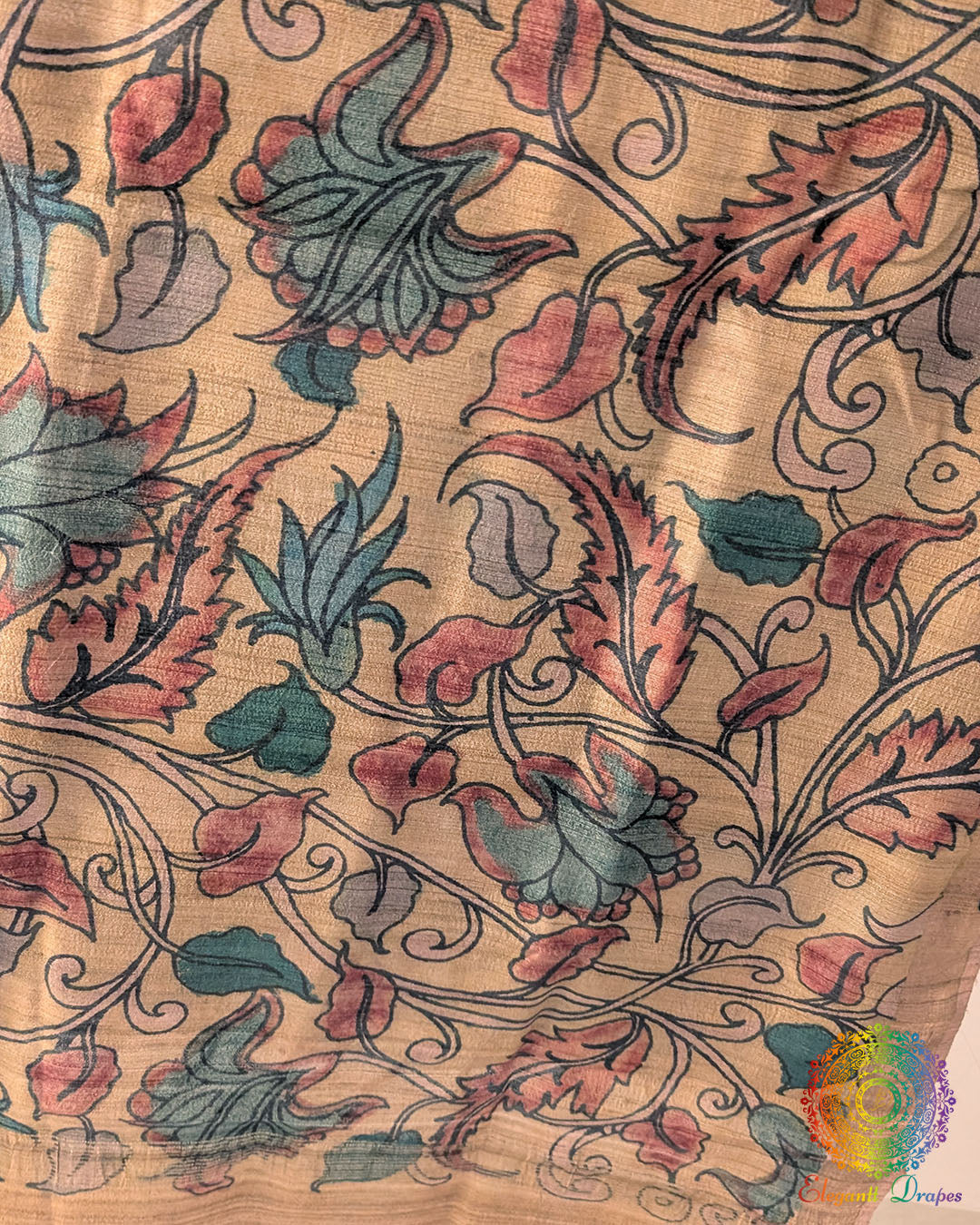 Close-up of intricate hand-painted Kalamkari motifs on luxurious Pale Yellow Pure Tussar Silk dupatta