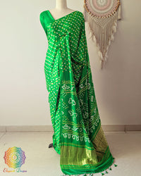 Parrot Green Pure Gajji Silk Saree with All-Over Bandhani Dots front view