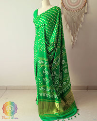 Parrot Green Pure Gajji Silk Bandhani Saree side view