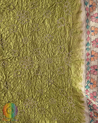 Detailed Bandhani pattern on the Pastel Green Muga Silk Dupatta