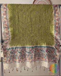 Pastel Green Muga Silk Dupatta with Bandhani body and hand-painted Madhubani artwork border