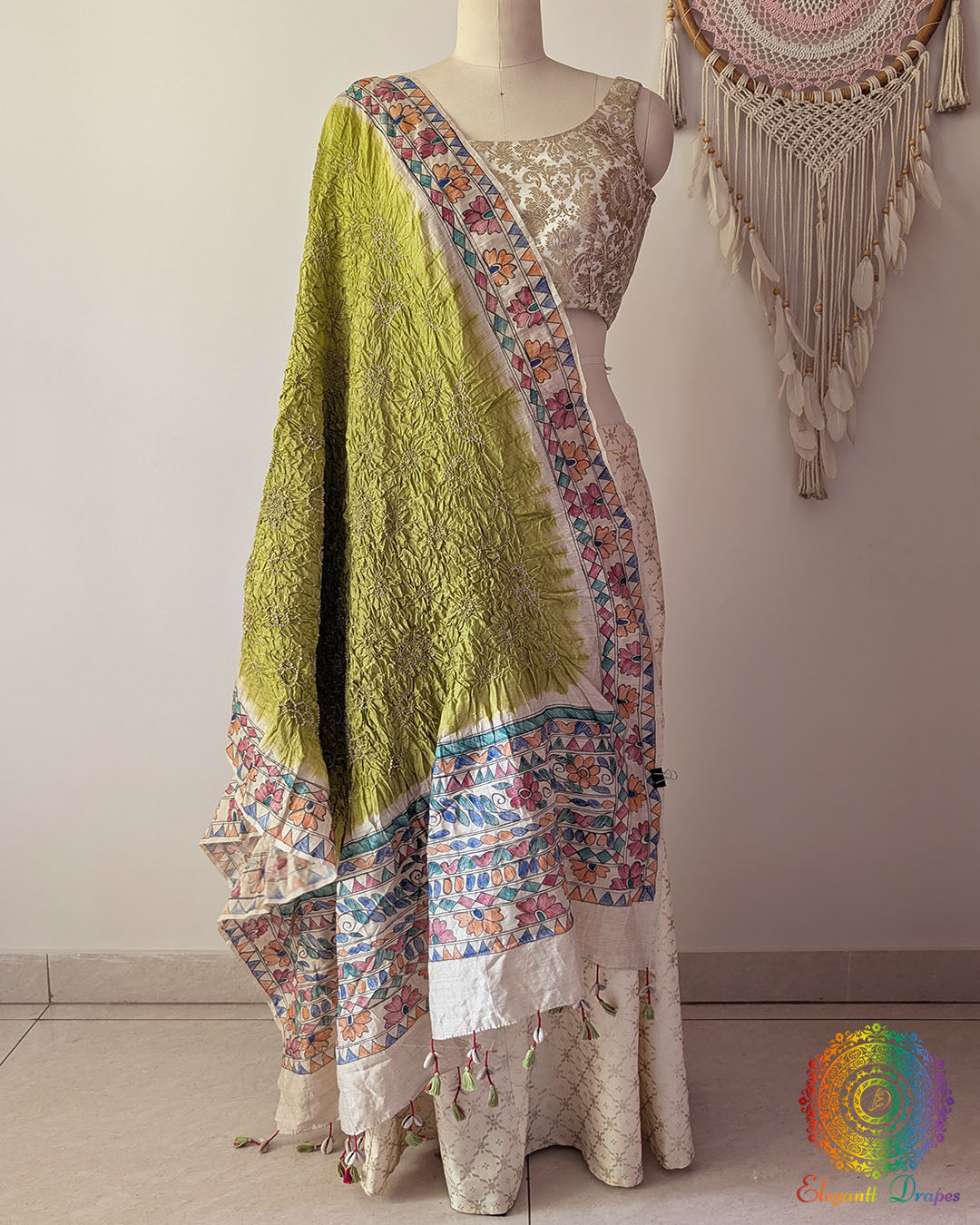 Pastel Green Bandhani Madhubani Muga Silk Dupatta full draped view