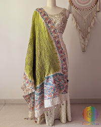 Pastel Green Bandhani Madhubani Muga Silk Dupatta full draped view