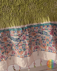 Pastel Green Bandhani Madhubani Muga Silk Dupatta for festive and traditional wear