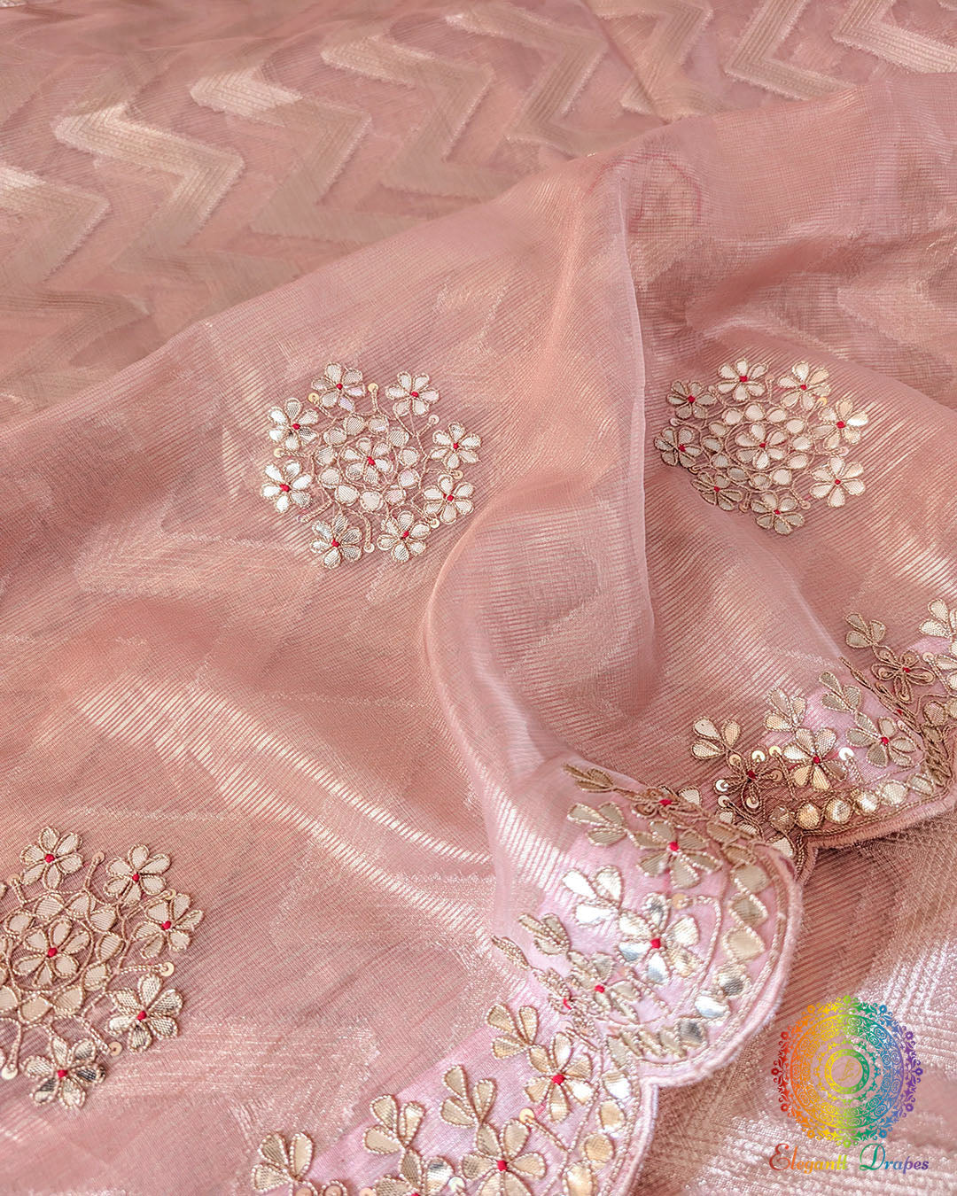 Peach Banarasi Tissue Silk Gota Patti Handwork Saree