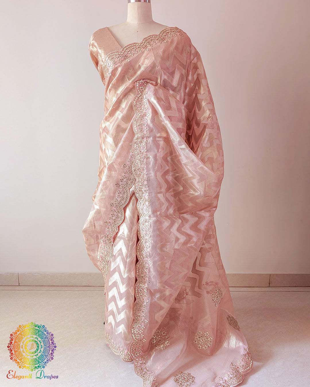 Peach Banarasi Tissue Silk Gota Patti Handwork Saree