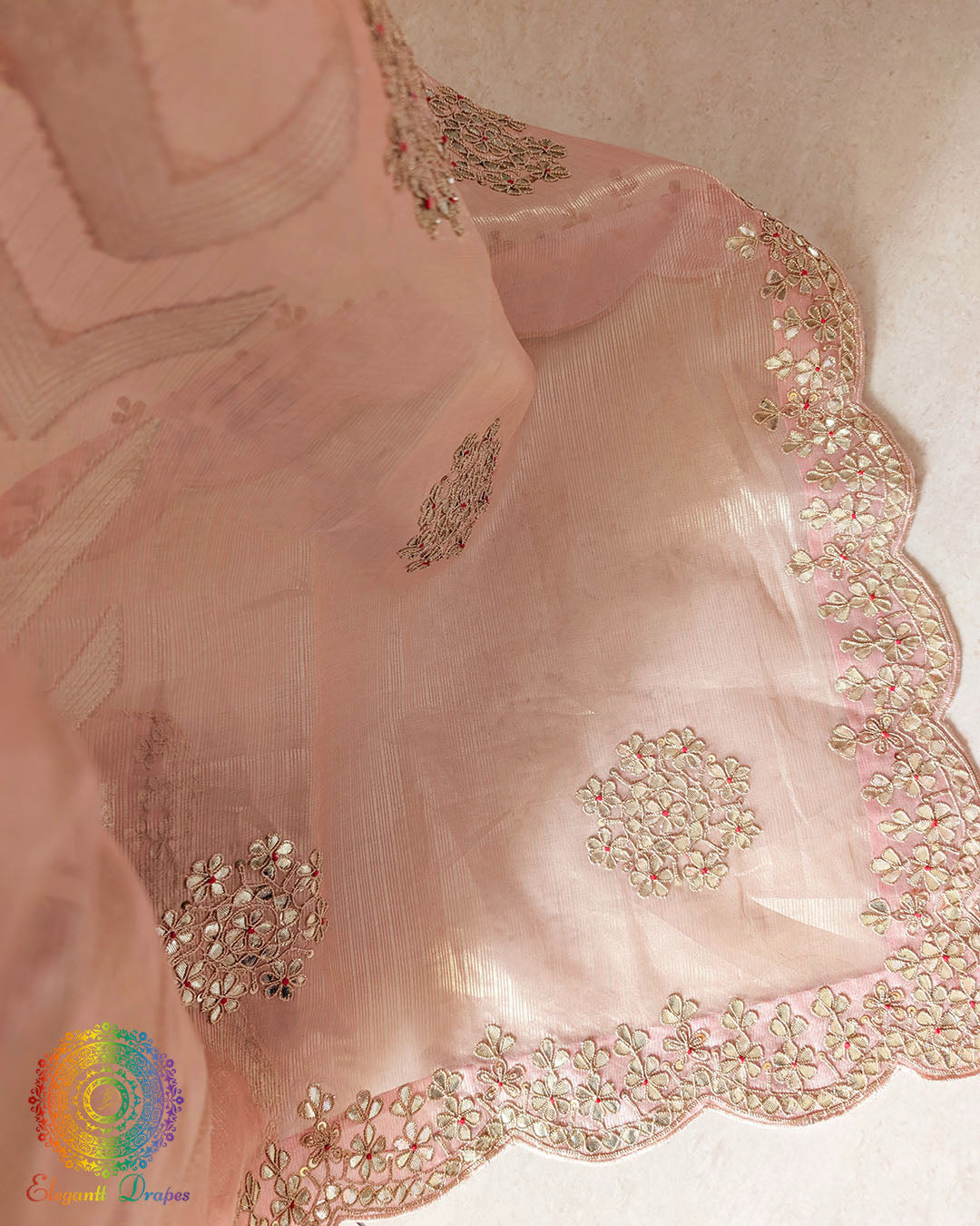 Peach Banarasi Tissue Silk Gota Patti Handwork Saree