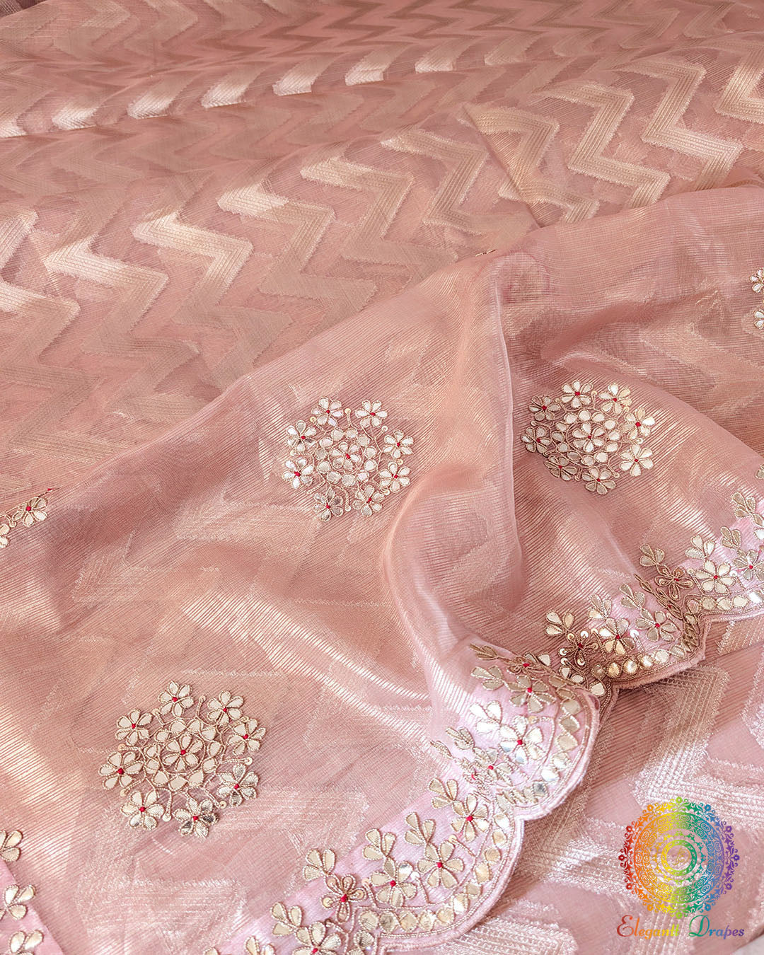 Peach Banarasi Tissue Silk Gota Patti Handwork Saree