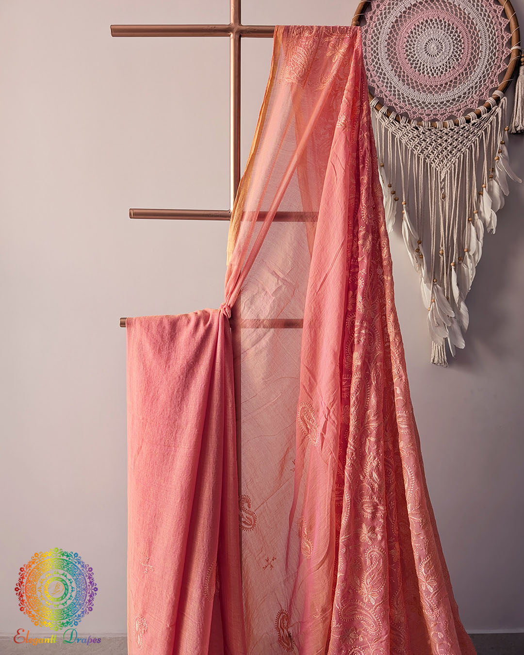 Close-up of detailed threadwork on the pallu of Peach Mul Cotton Saree