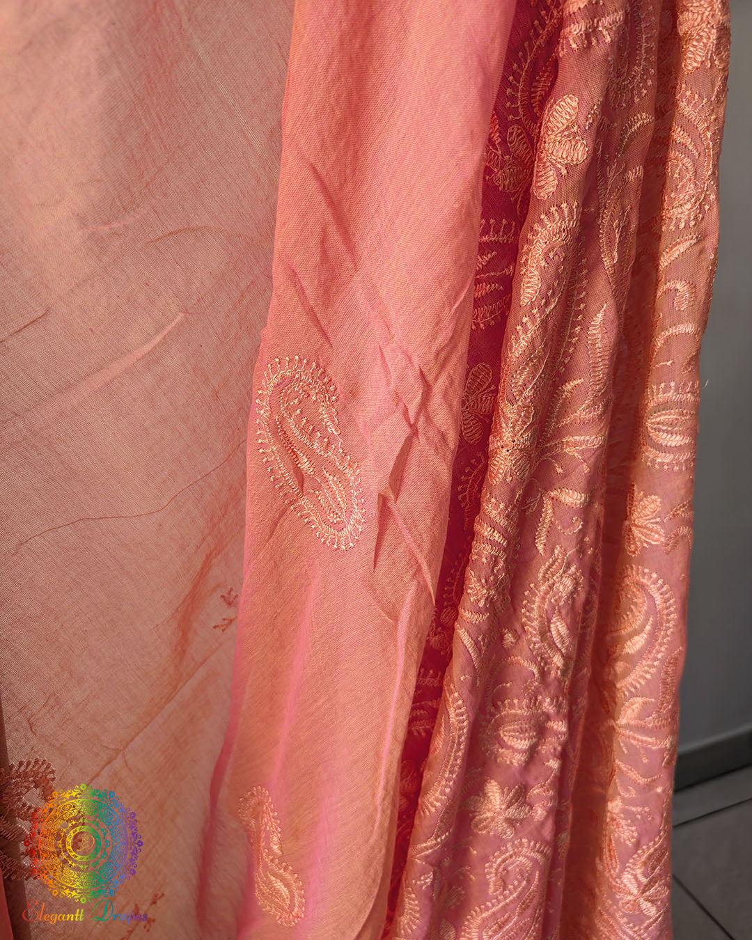 Peach Mul Cotton Saree with heavy Chikankari-inspired machine embroidery view