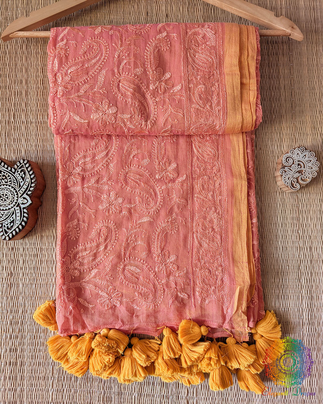 Peach Bengal Mul Cotton Saree with Chikankari Threadwork