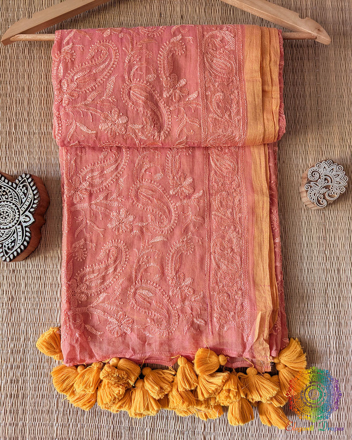 Peach Bengal Mul Cotton Saree with Chikankari Threadwork