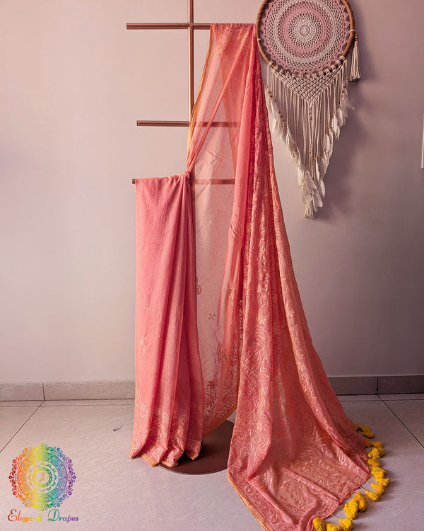 Peach Mul Cotton Saree with Chikankari-inspired Threadwork full view