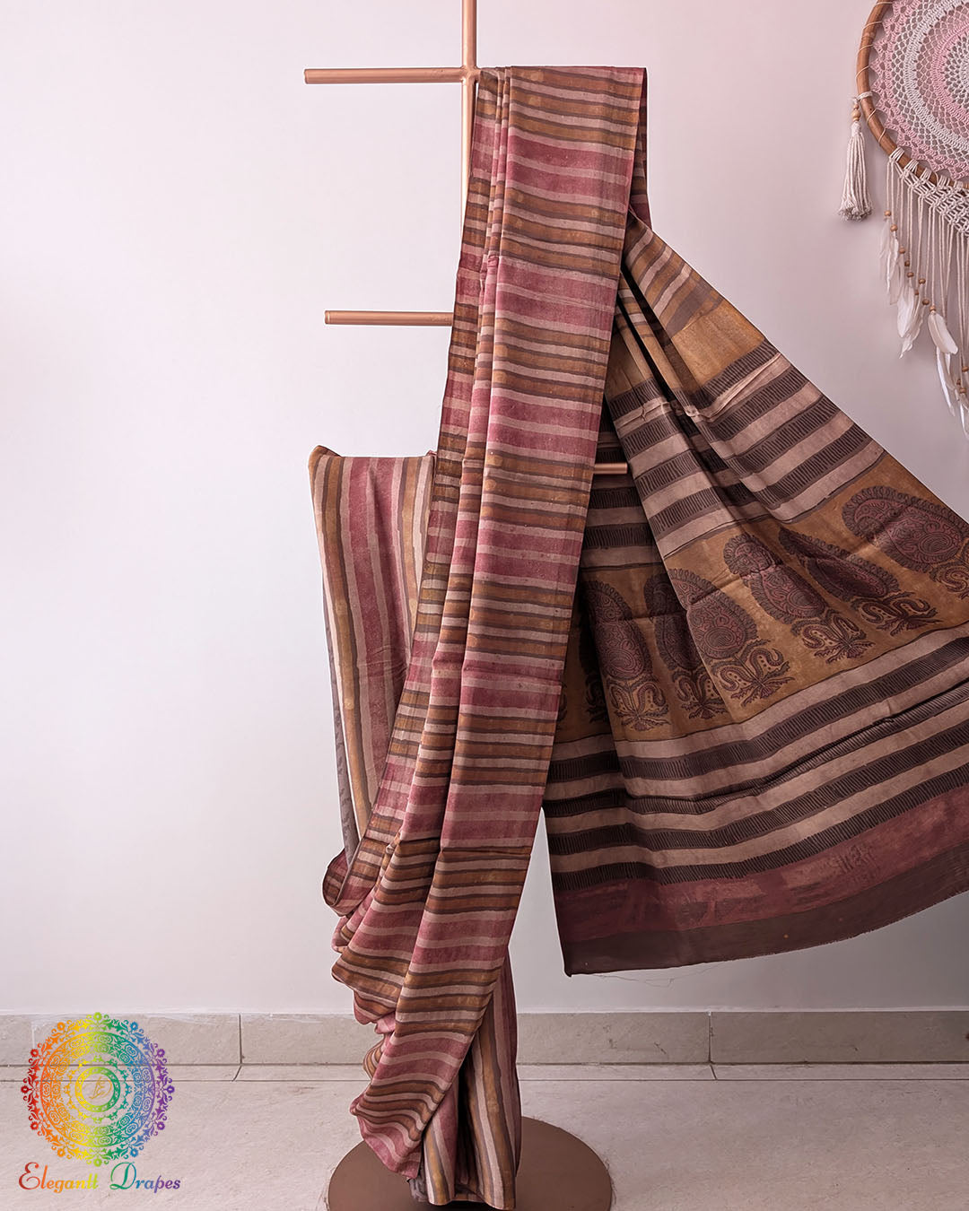 Open pallu view of Rose Brown Nashpal Pomegranate Modal Tussar Saree