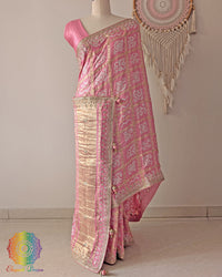 Peach festive Gharchola saree full layout view highlighting gota patti pattern