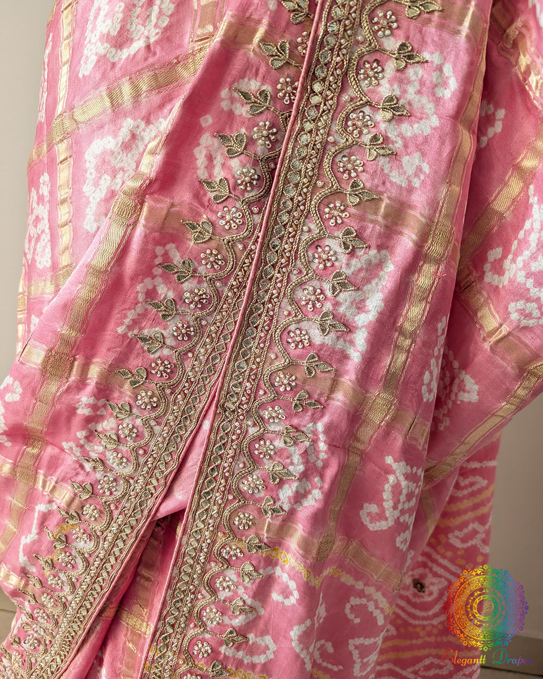 Palla close up on peach gaji silk saree showcasing gota patti work