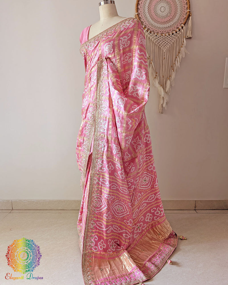 Peach festive Gharchola saree full layout view highlighting woven pattern