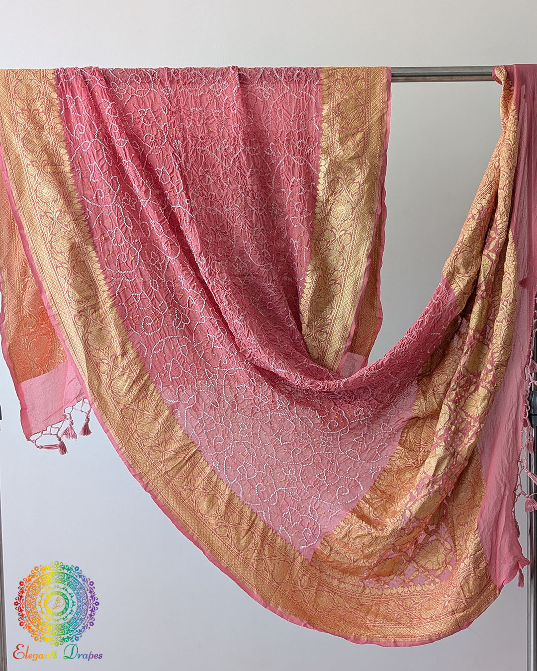 Blush Pink Banarasi Khaddi Georgette Rai Bandhej Dupatta full view