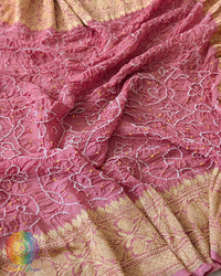 Close-up of Rai Bandhej detailing on Blush Pink Banarasi Khaddi Georgette Dupatta