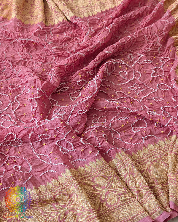Close-up of Rai Bandhej detailing on Blush Pink Banarasi Khaddi Georgette Dupatta
