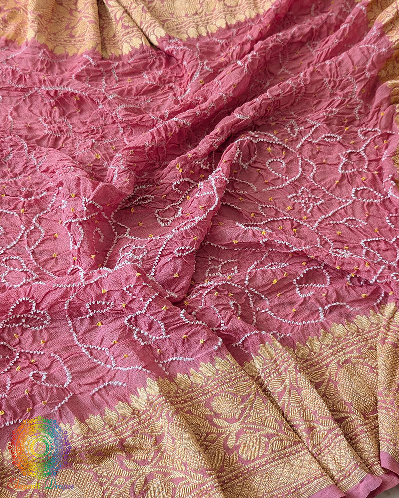 Close-up of Rai Bandhej detailing on Blush Pink Banarasi Khaddi Georgette Dupatta
