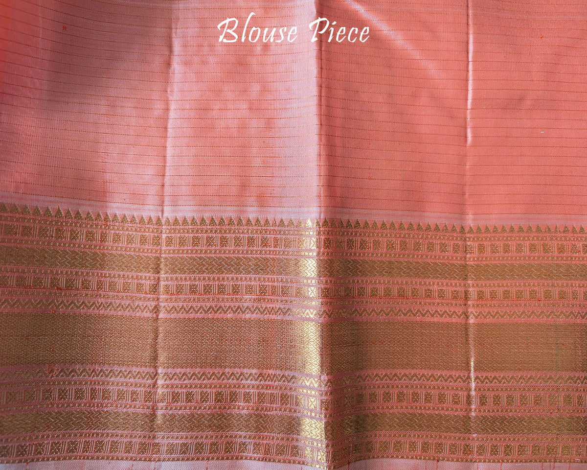 Matching blouse piece of the Pastel Peach Pure Kanjivaram Silk Saree with coordinated 2-Gram Gold Zari detailing