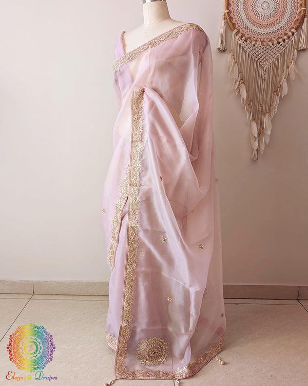 Pastel Peach Tissue Organza Saree side view with Gota Patti Handwork
