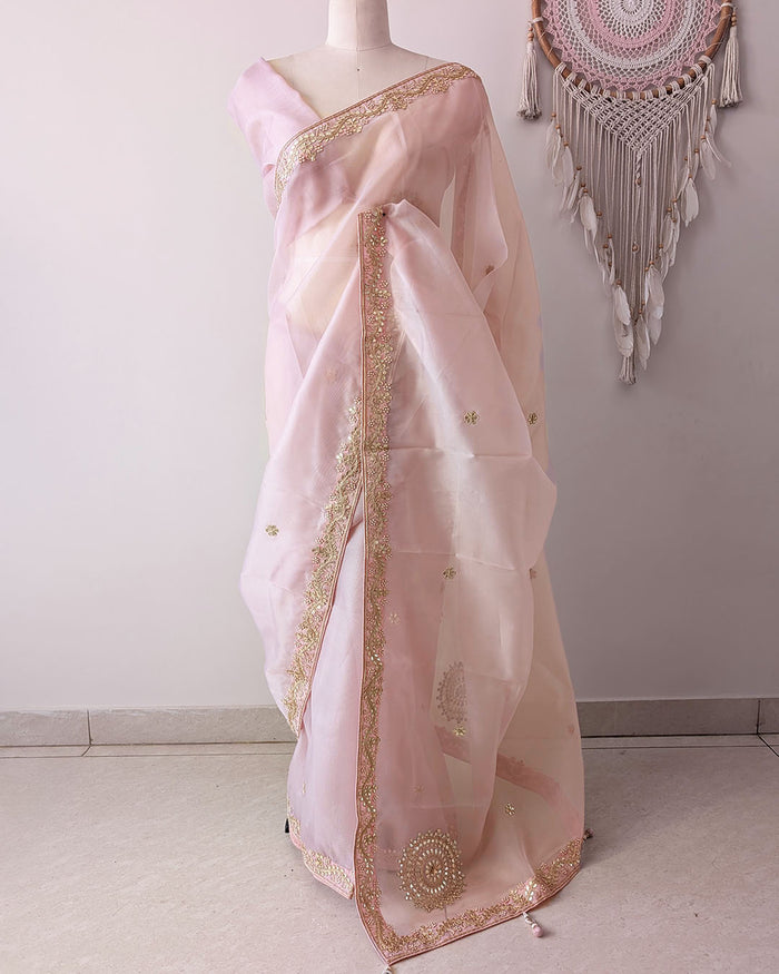 Grand palla view of Pastel Peach Tissue Organza Saree with Gota Patti Handwork