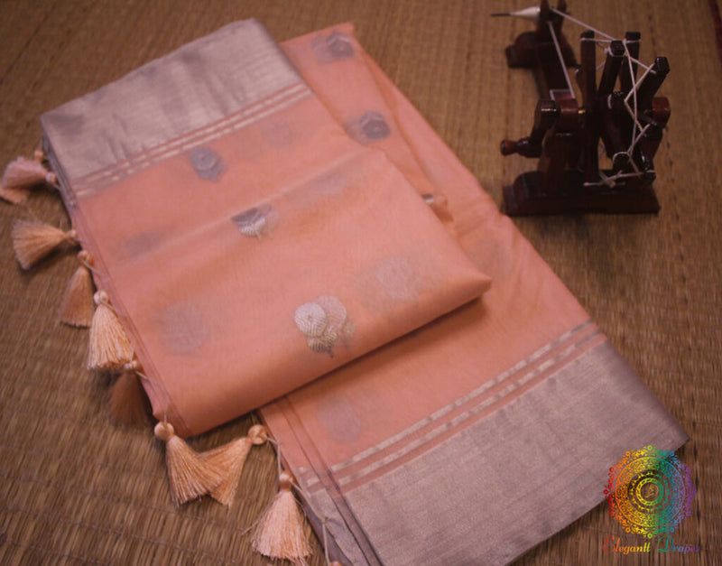 Peach Pure Chanderi Handloom Katan Silk Saree | Elegantt Drapes