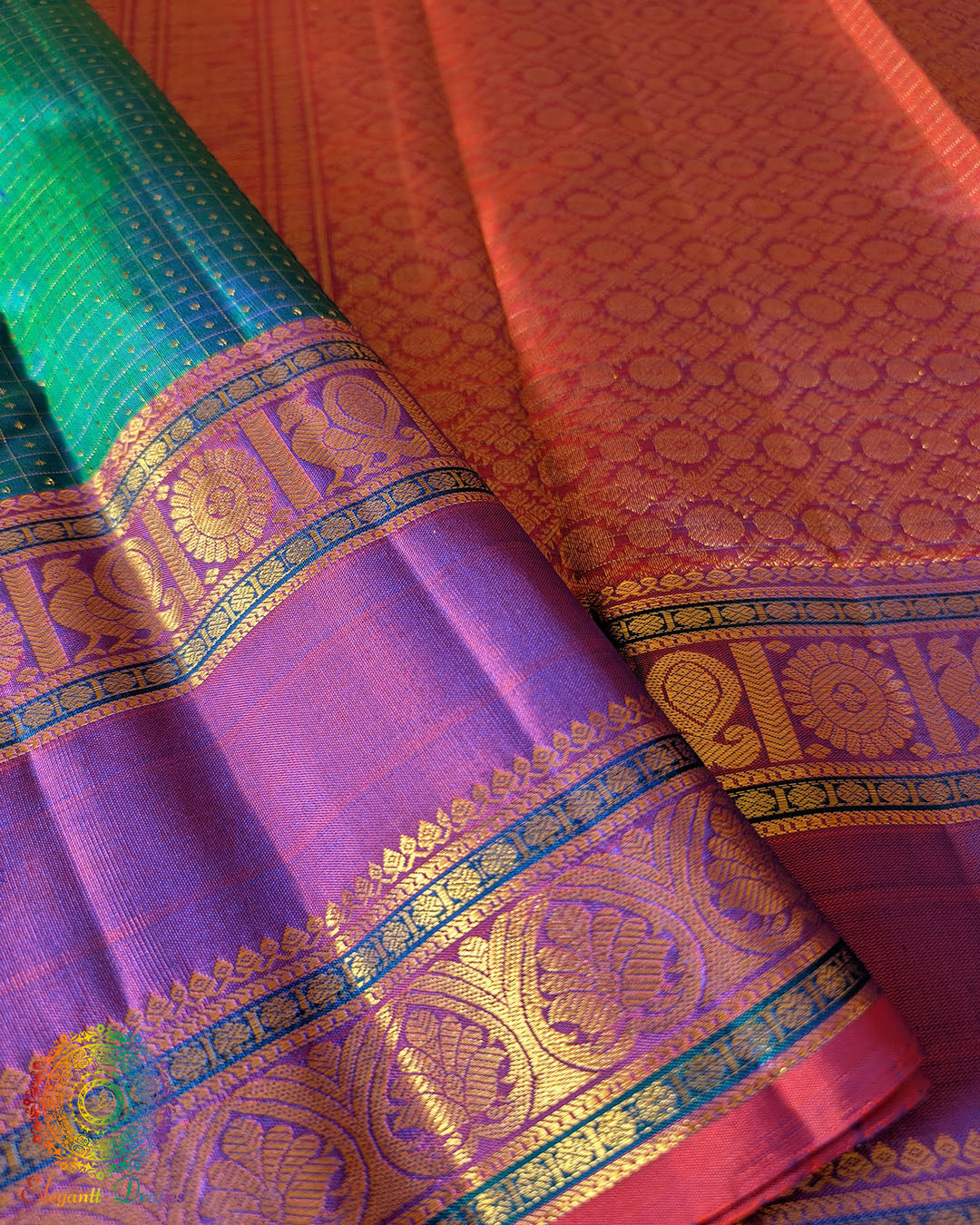 Close-up of 2-Gram Zari weaving on Peacock Green Pure Kanjivaram Silk Saree