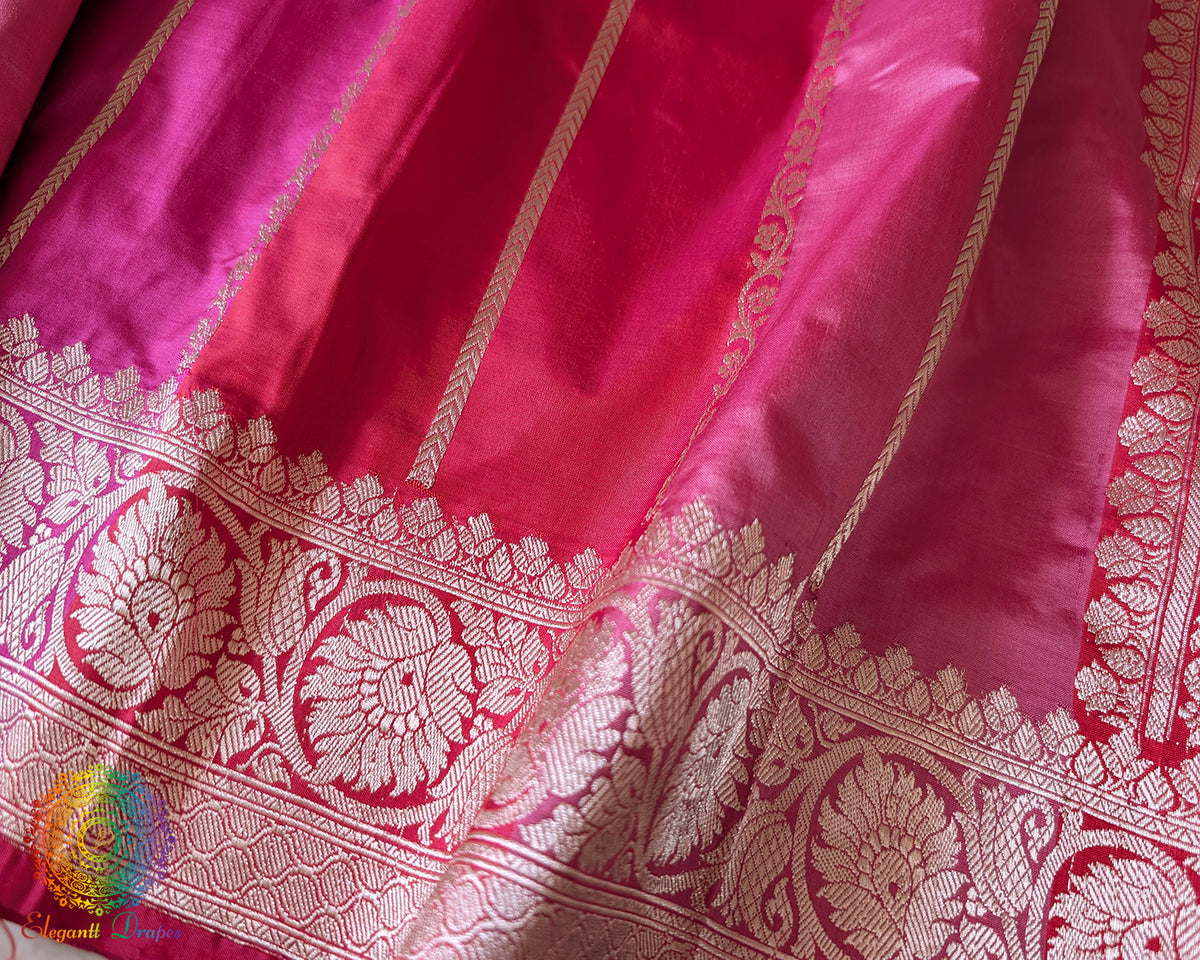 Detailed view of Banarasi woven border on pink shaded red Katan silk saree