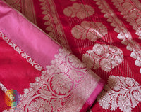 Traditional woven border detail on pink shaded red Banarasi saree